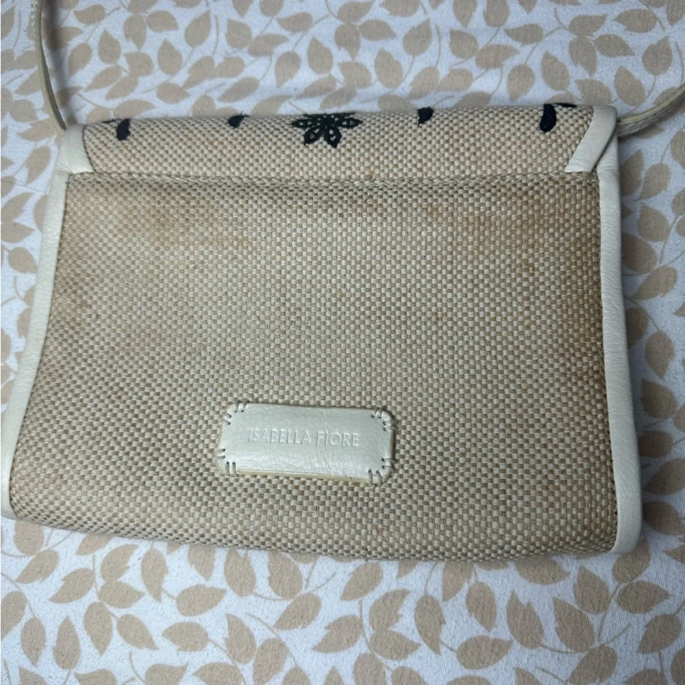 Isabella Fiore Cream Canvas With Black Embroidery Floral Flap‎ Crossbody Purse